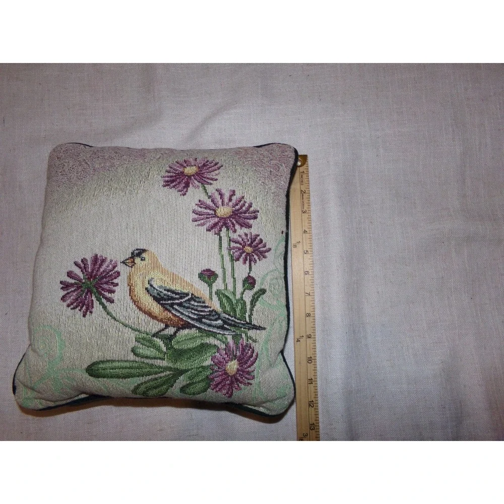 Tapestry Throw Pillow Bird, Butterfly, & Flowers 11x11